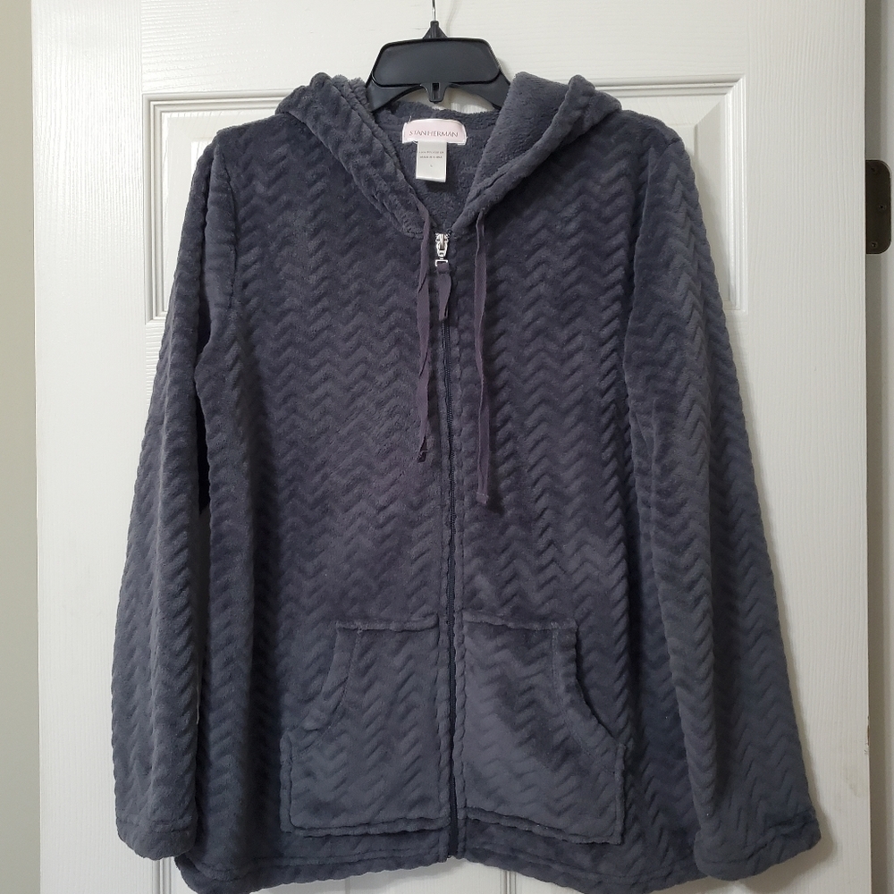 Stan Herman womens dark gray jacket lounge zip up plush hoodie kangaroo pocket L